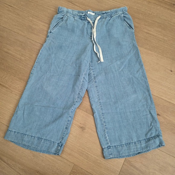 Loft Pants Womens M Blue Drawstring Waist Linen Blend Cropped Wide Leg - Picture 1 of 8